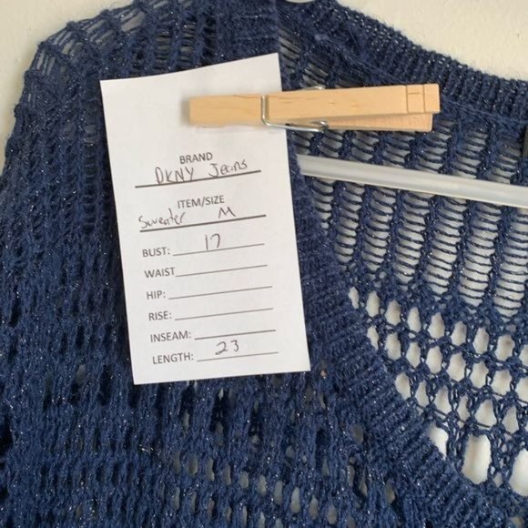 DKNY Jeans Tunic Sweater Medium Blue Silver Metallic Open Knit Long Sleeves - Picture 2 of 9